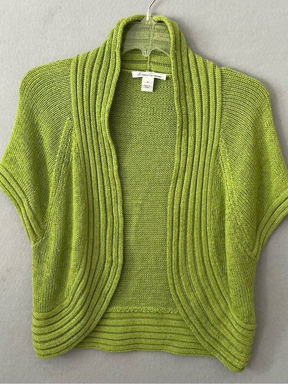 Kenneth Cole NY Short Sleeve Shrug Cardigan M Lime Green Cropped Knit Y2K Boho